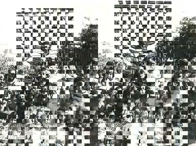 A diverse crowd of people celebrating at a concert, raising their hands and cheering.