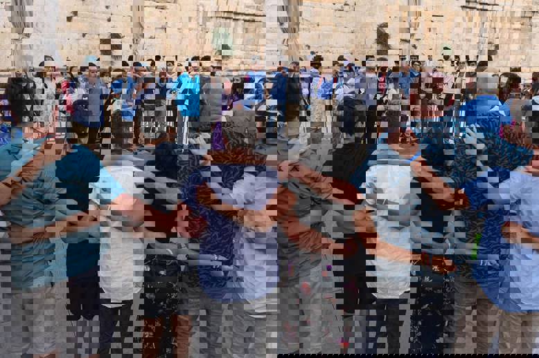 A diverse crowd of people celebrating at a concert, raising their hands and cheering.